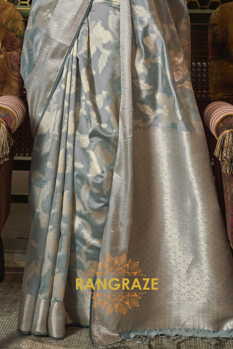 Vintage Grey Pure Modal Handloom Weaving Banarasi Silk Saree