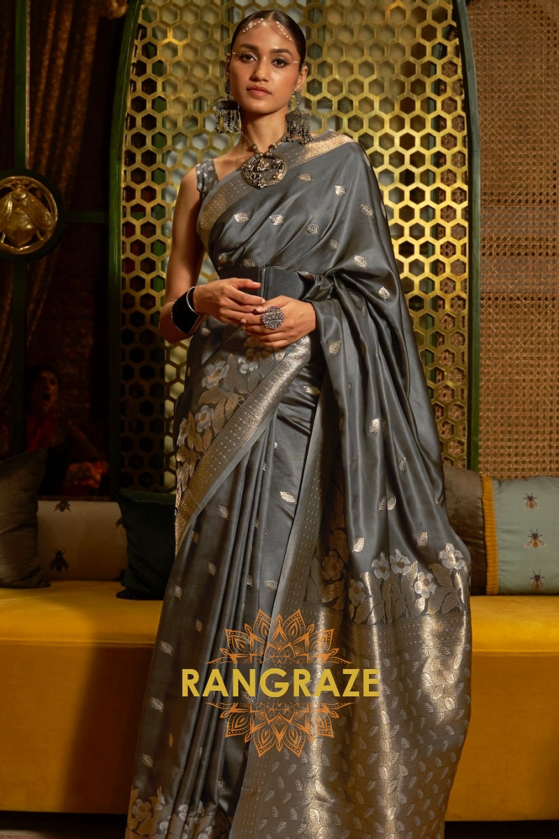 Charcoal Black Woven Banarasi Silk Saree With Gold And Silver Zari