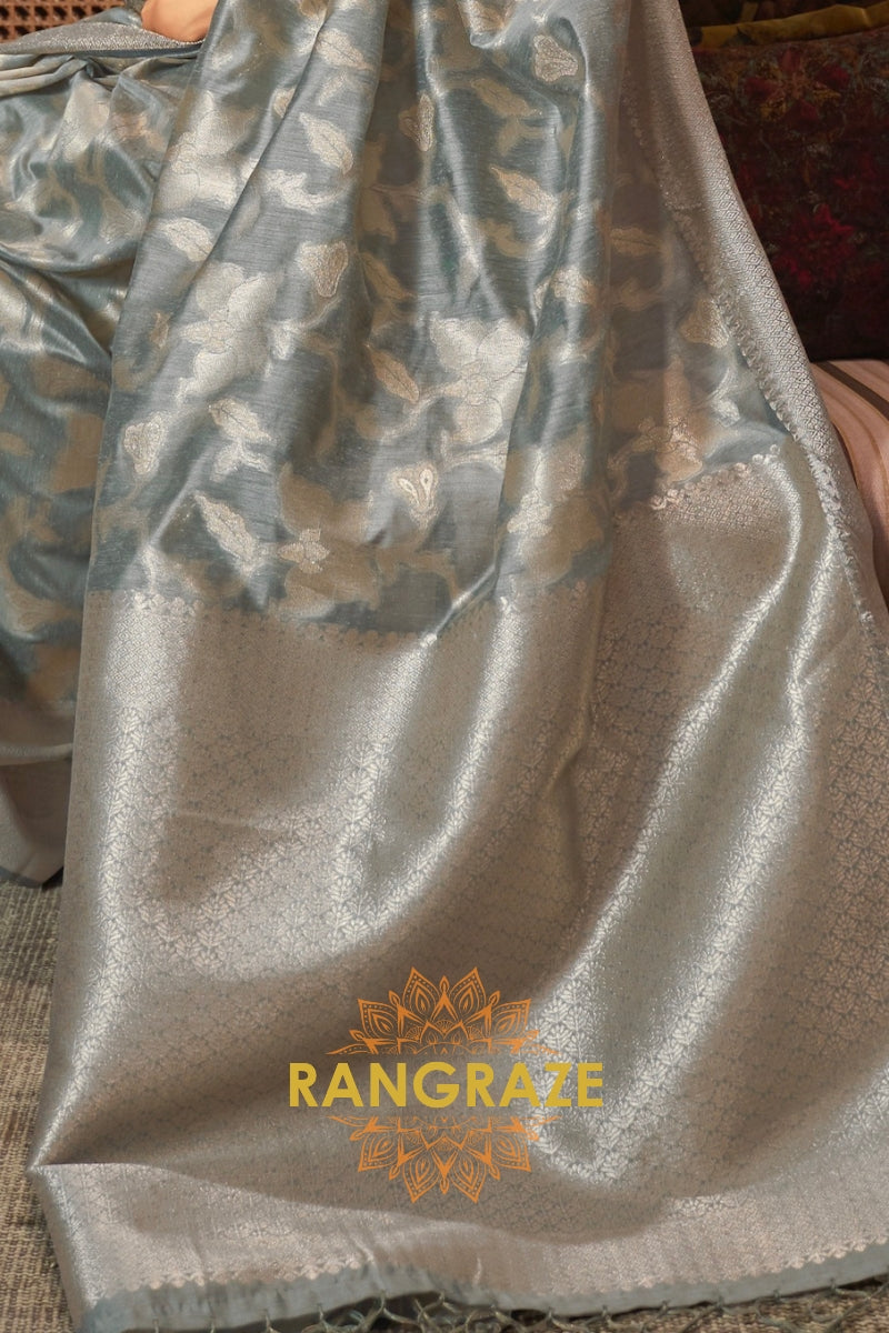 Vintage Grey Pure Modal Handloom Weaving Banarasi Silk Saree