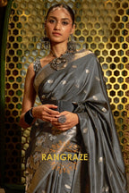 Charcoal Black Woven Banarasi Silk Saree With Gold And Silver Zari