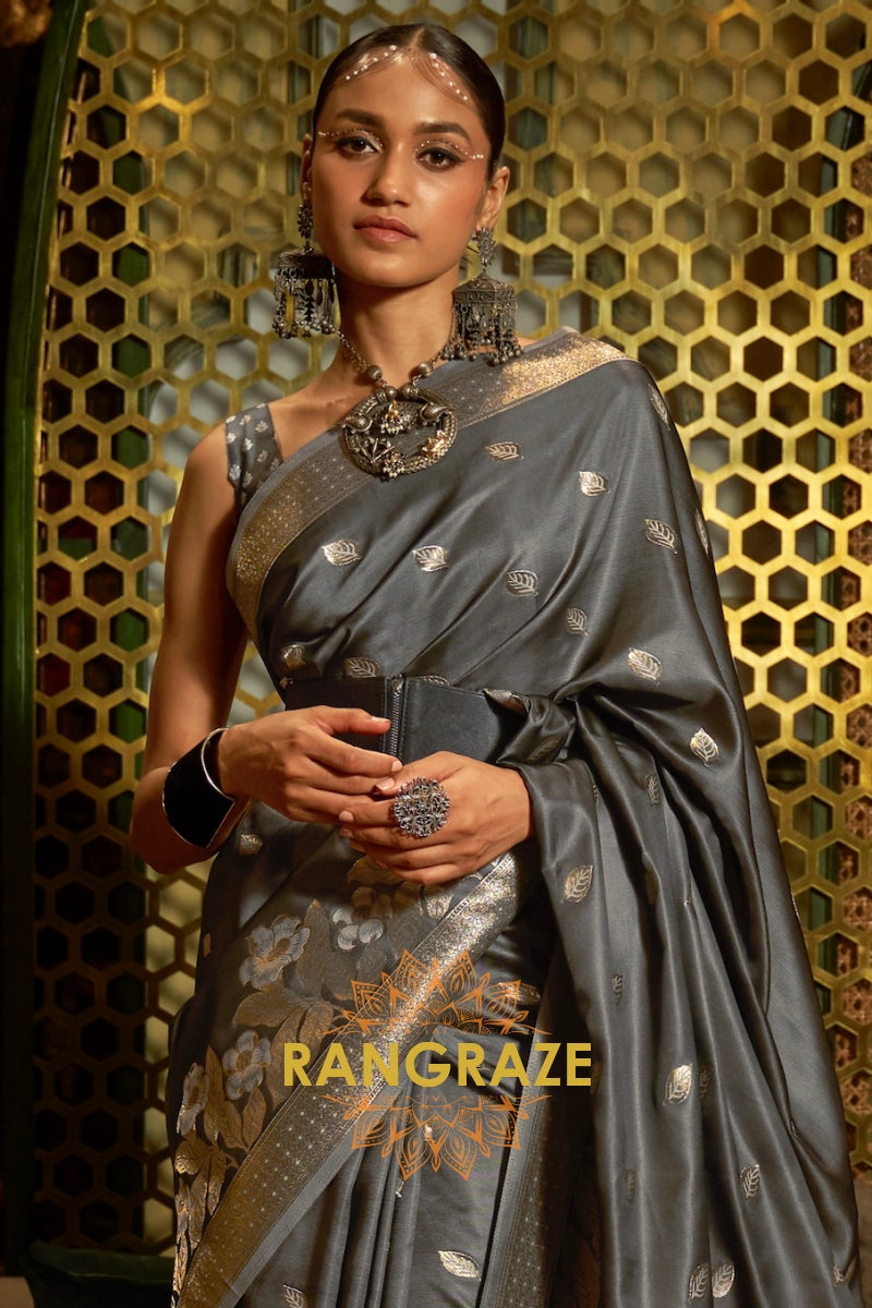 Charcoal Black Woven Banarasi Silk Saree With Gold And Silver Zari