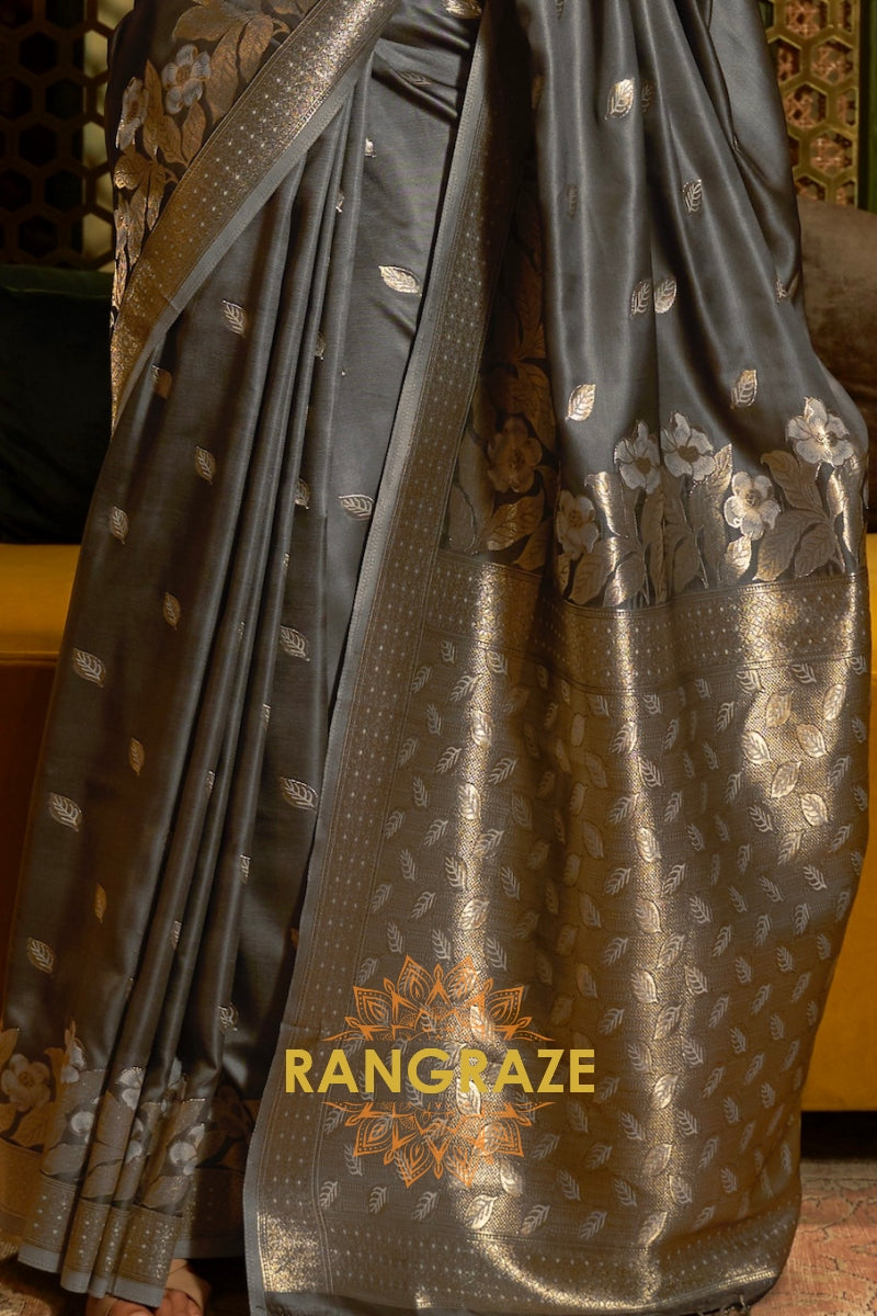 Charcoal Black Woven Banarasi Silk Saree With Gold And Silver Zari