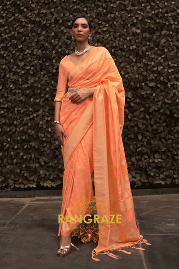 Peach Orange Woven Banarasi Georgette Silk Saree