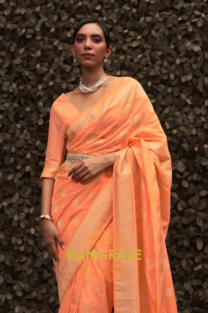 Peach Orange Woven Banarasi Georgette Silk Saree