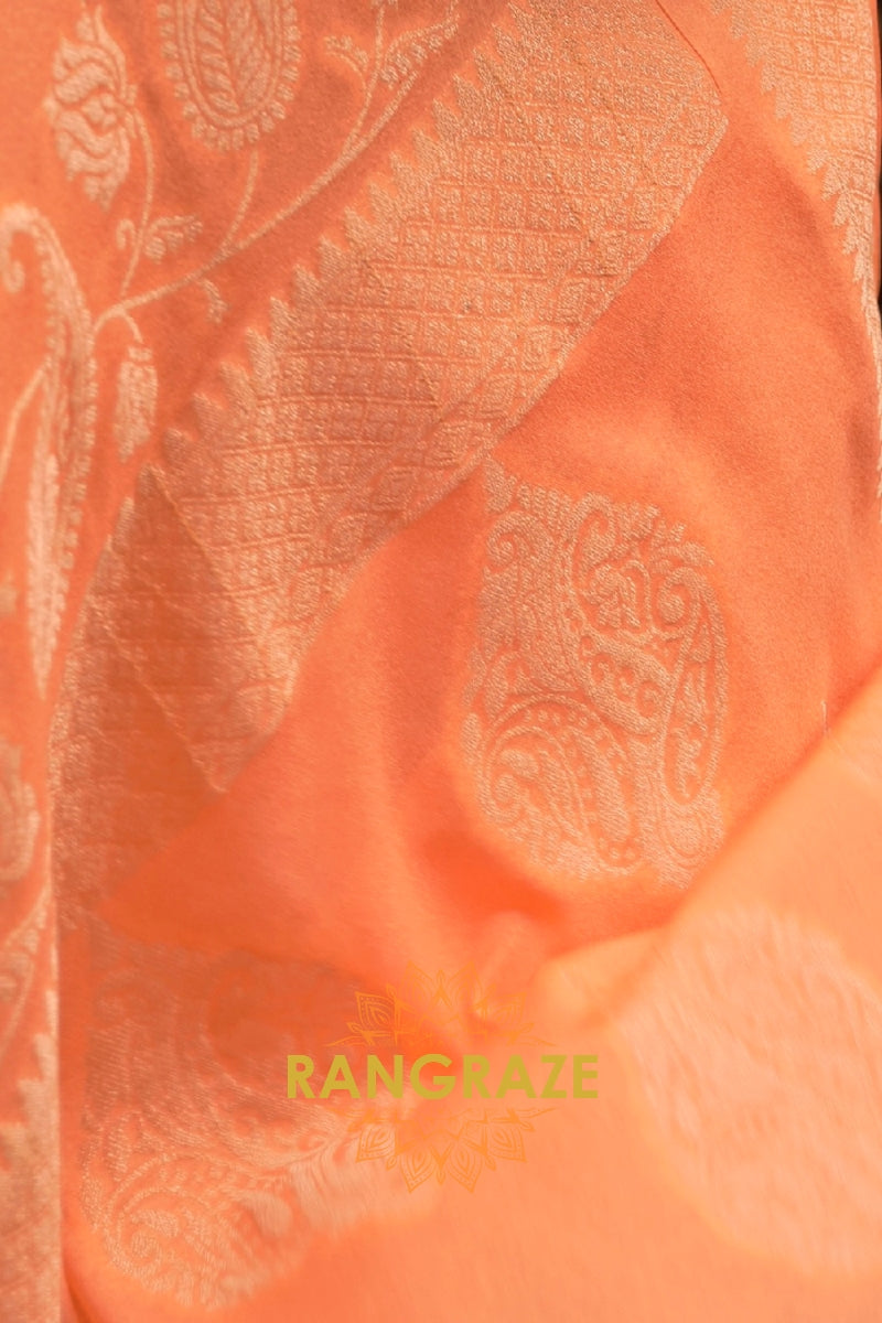 Peach Orange Woven Banarasi Georgette Silk Saree