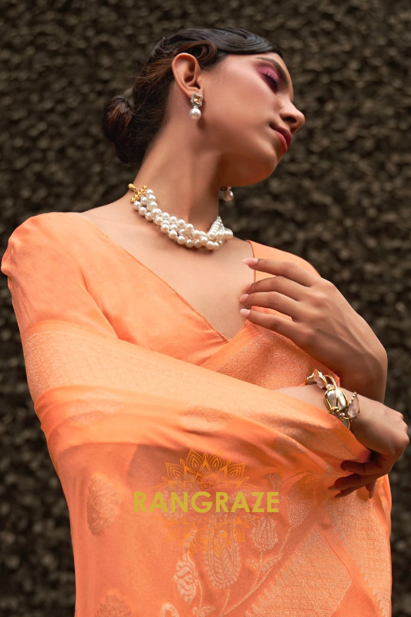 Peach Orange Woven Banarasi Georgette Silk Saree
