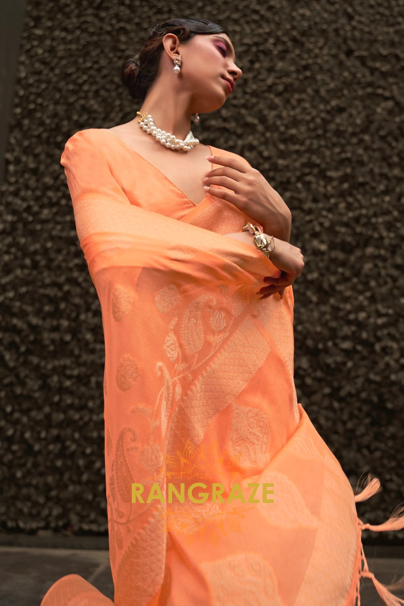 Peach Orange Woven Banarasi Georgette Silk Saree