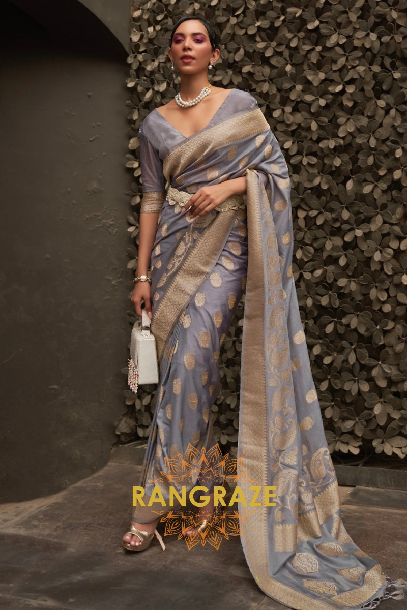 Metal Grey Woven Banarasi Georgette Silk Saree