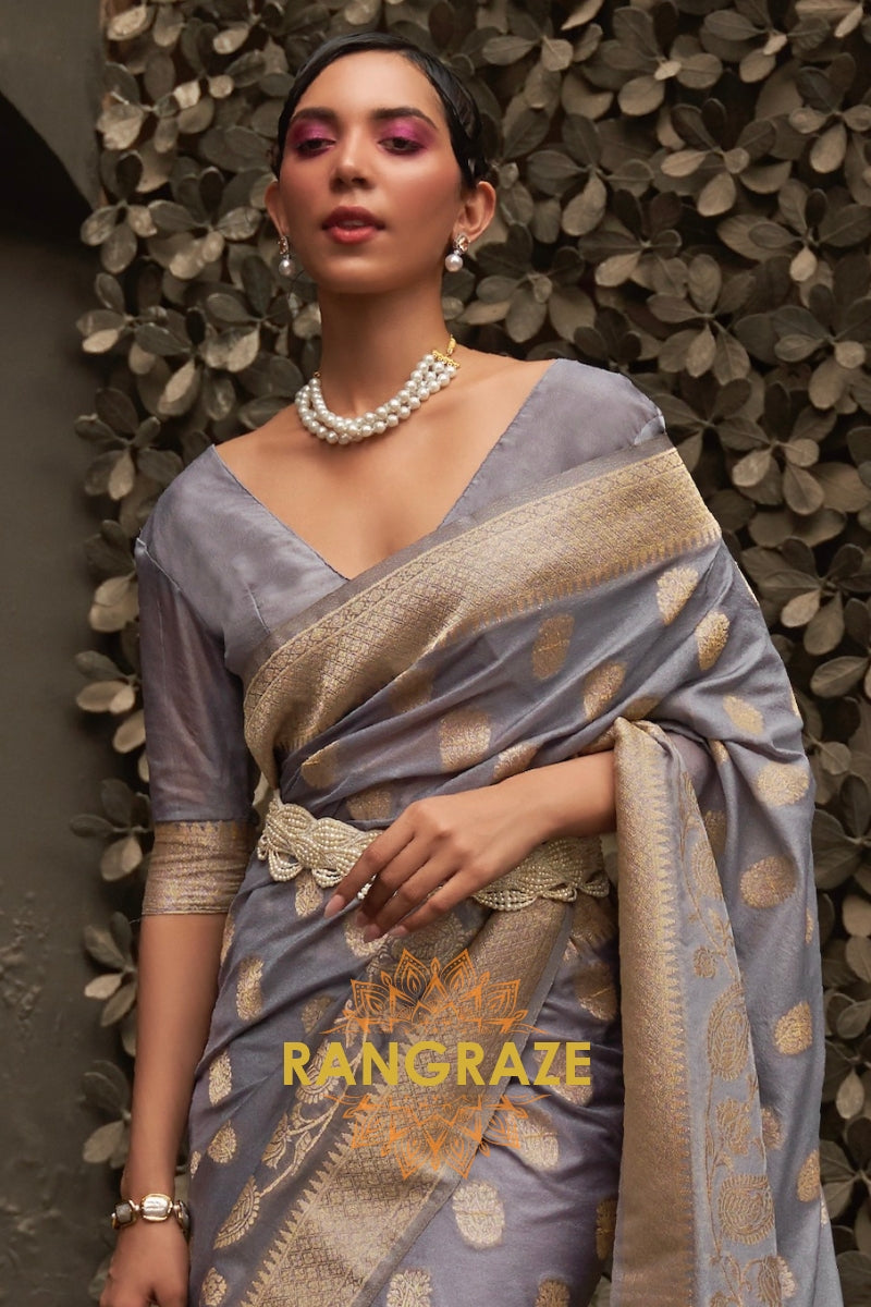 Metal Grey Woven Banarasi Georgette Silk Saree