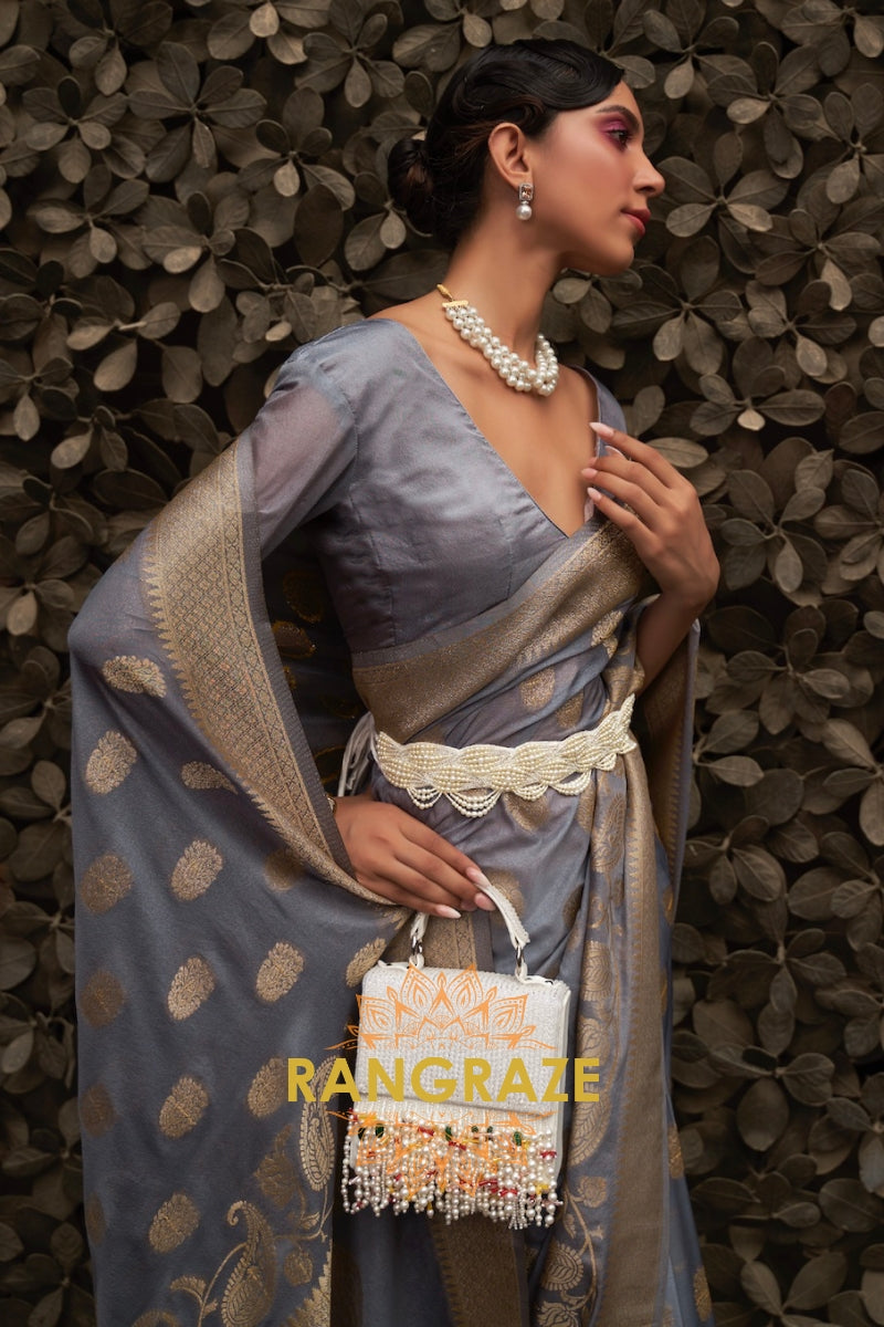 Metal Grey Woven Banarasi Georgette Silk Saree