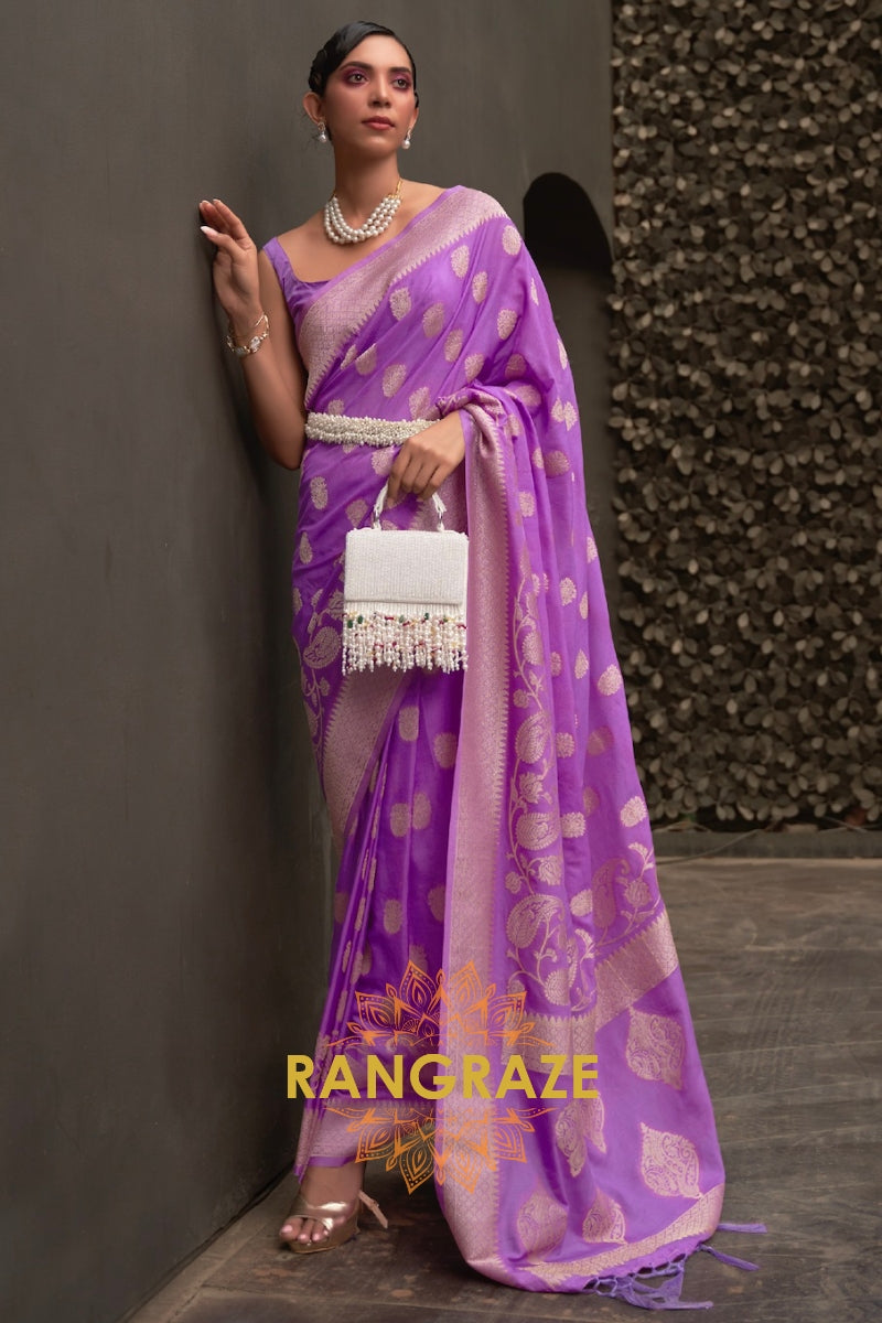 Lavender Purple Woven Banarasi Georgette Silk Saree