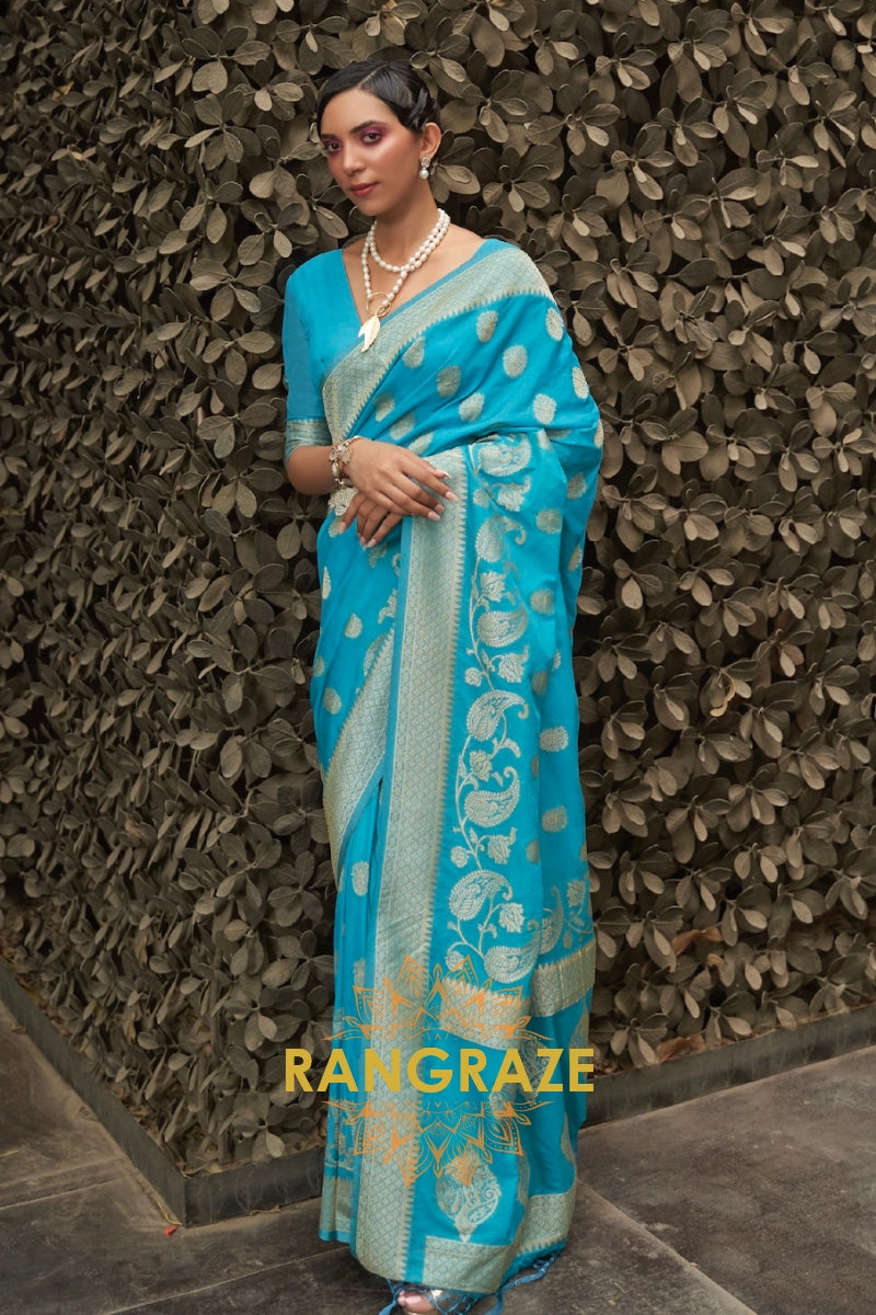 Azure Blue Woven Banarasi Georgette Silk Saree