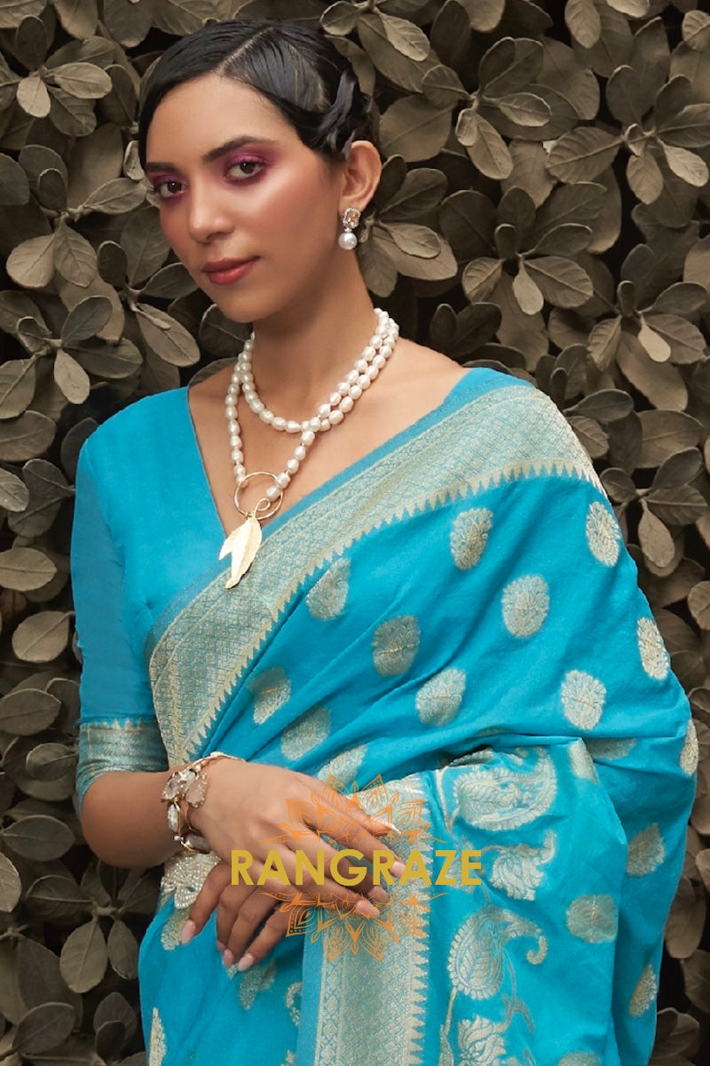 Azure Blue Woven Banarasi Georgette Silk Saree