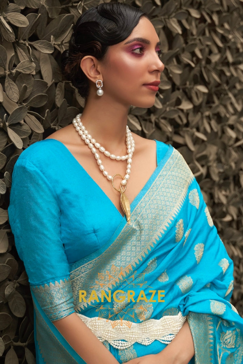 Azure Blue Woven Banarasi Georgette Silk Saree