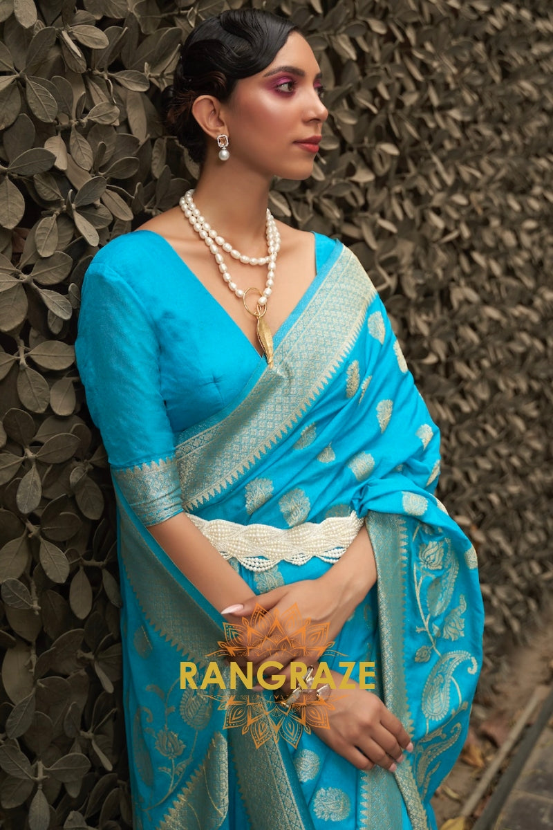Azure Blue Woven Banarasi Georgette Silk Saree