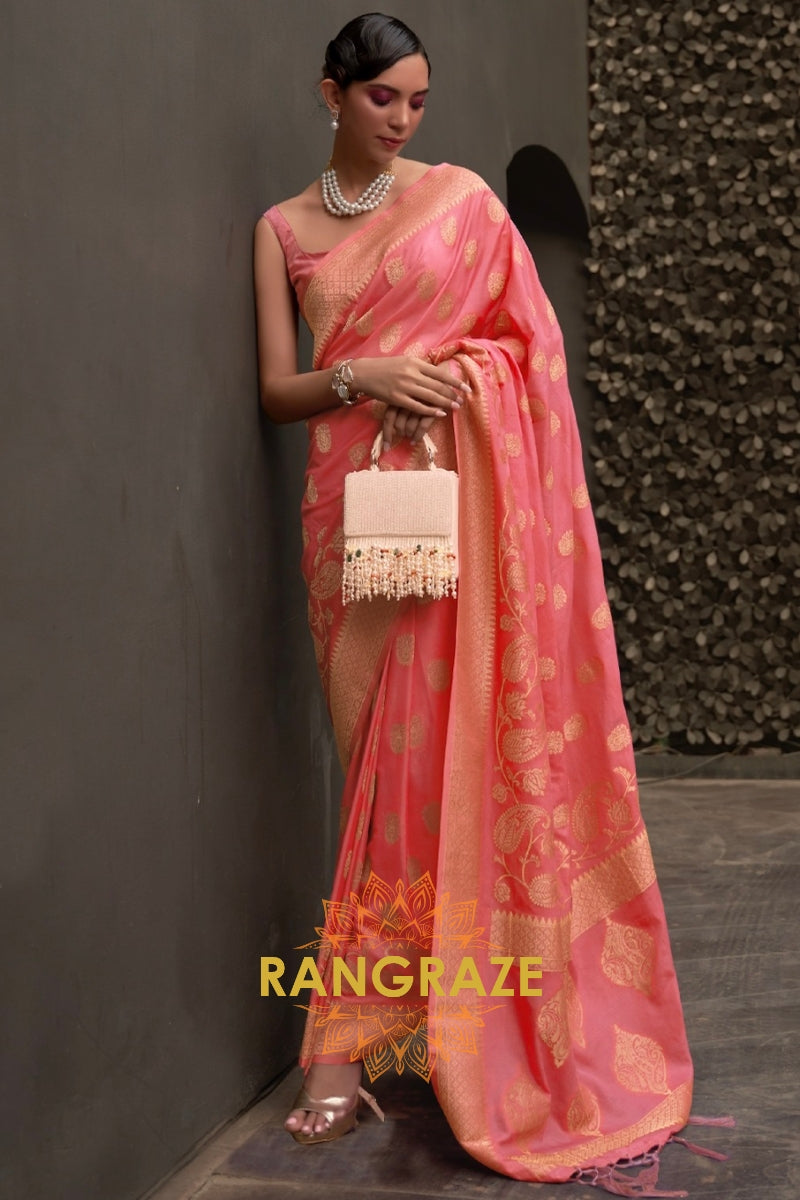 Peach Red Woven Banarasi Georgette Silk Saree