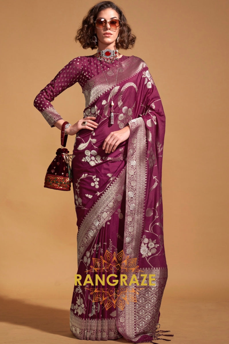 Majistic Maroon Woven Banarasi Goergette Silk Saree