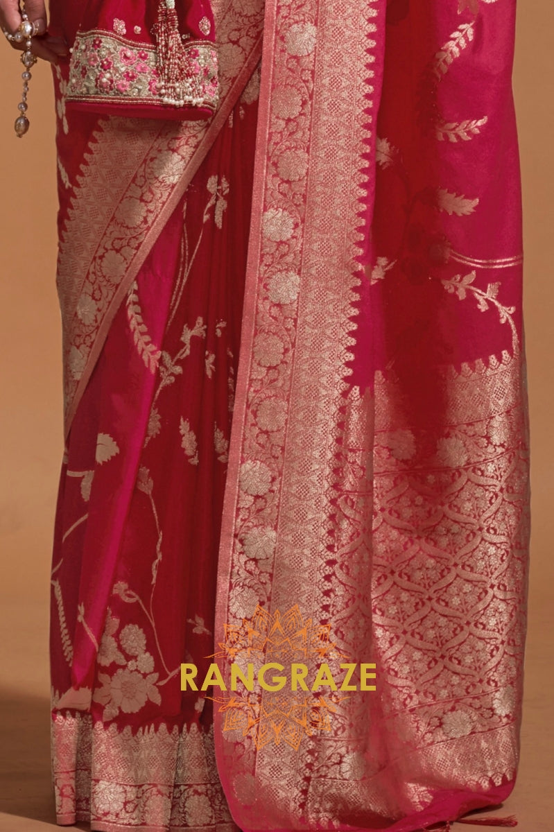 Crimson Red Woven Banarasi Goergette Silk Saree