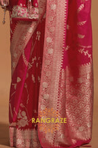Crimson Red Woven Banarasi Goergette Silk Saree