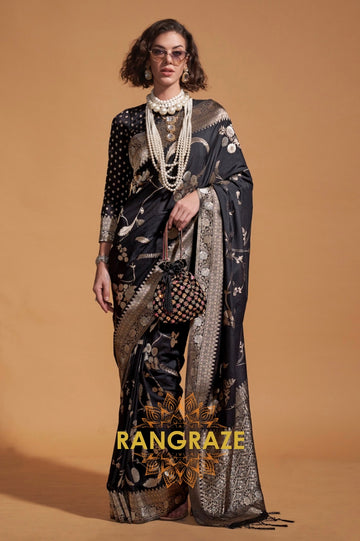 Ebony Black Woven Banarasi Goergette Silk Saree