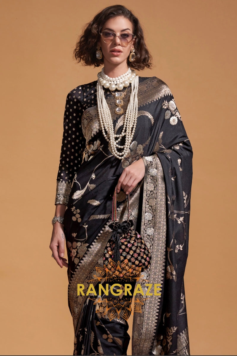 Ebony Black Woven Banarasi Goergette Silk Saree