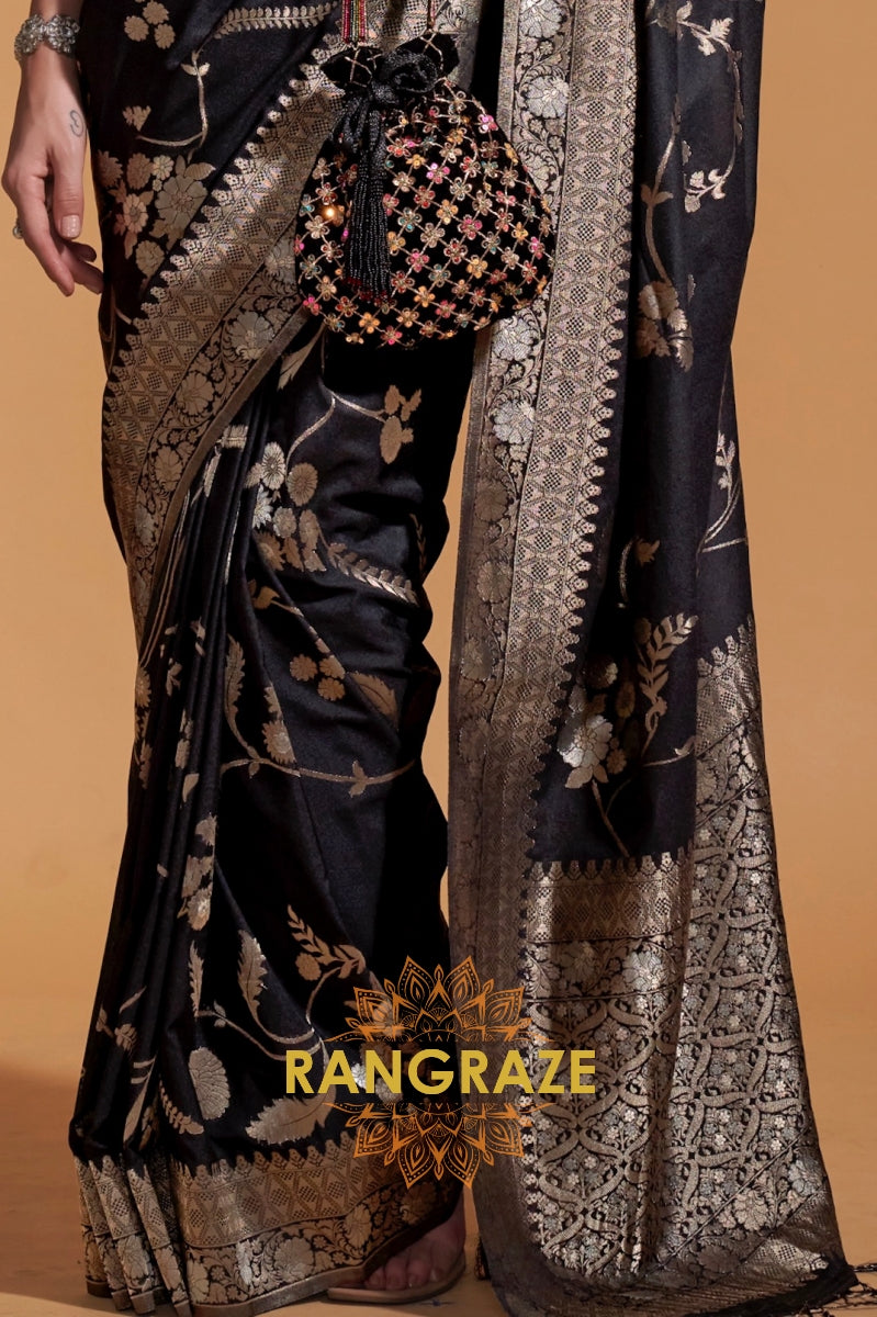 Ebony Black Woven Banarasi Goergette Silk Saree