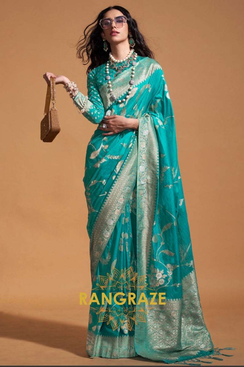 Aqua Blue Woven Banarasi Goergette Silk Saree