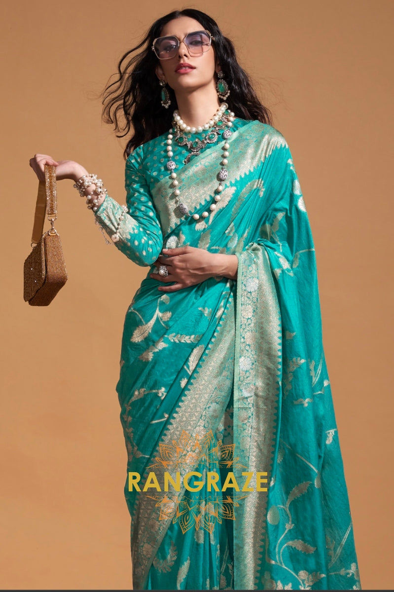 Aqua Blue Woven Banarasi Goergette Silk Saree