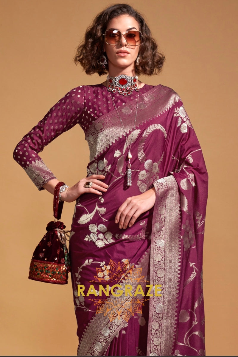 Majistic Maroon Woven Banarasi Goergette Silk Saree