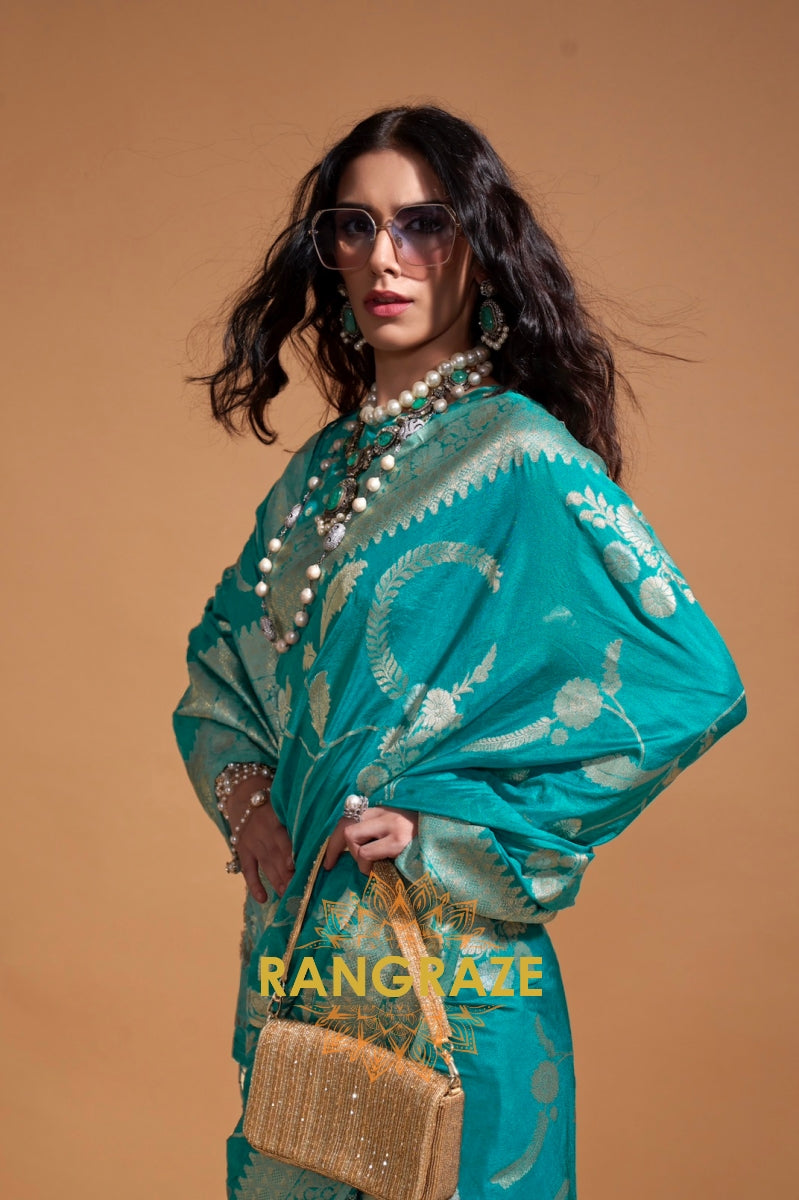 Aqua Blue Woven Banarasi Goergette Silk Saree