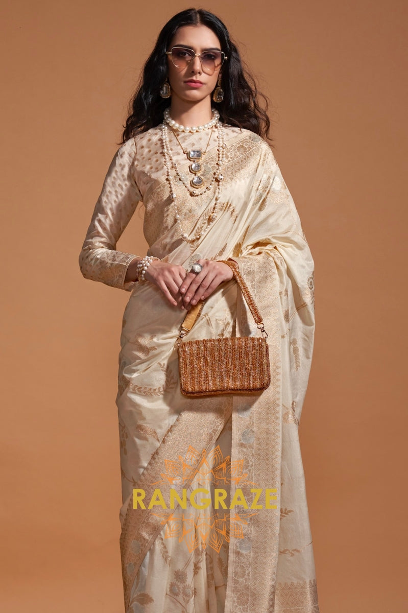 Pearl White Woven Banarasi Goergette Silk Saree