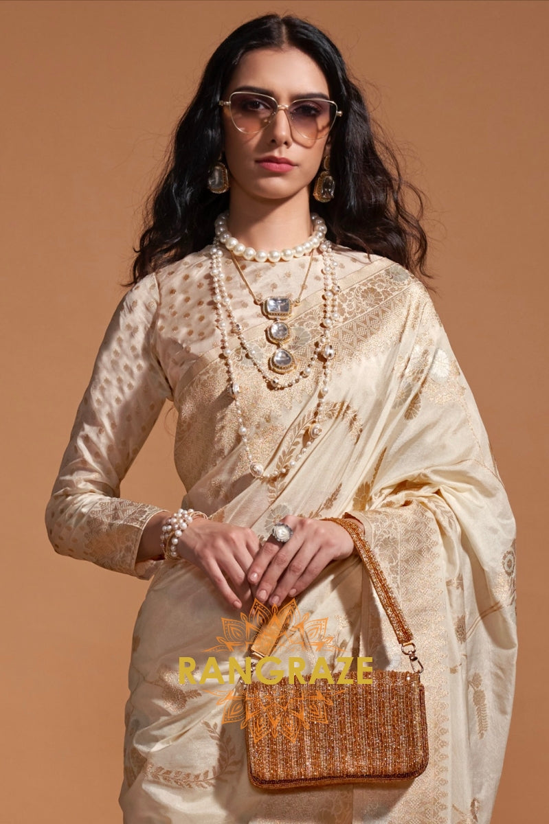 Pearl White Woven Banarasi Goergette Silk Saree