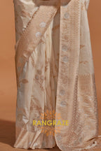Pearl White Woven Banarasi Goergette Silk Saree