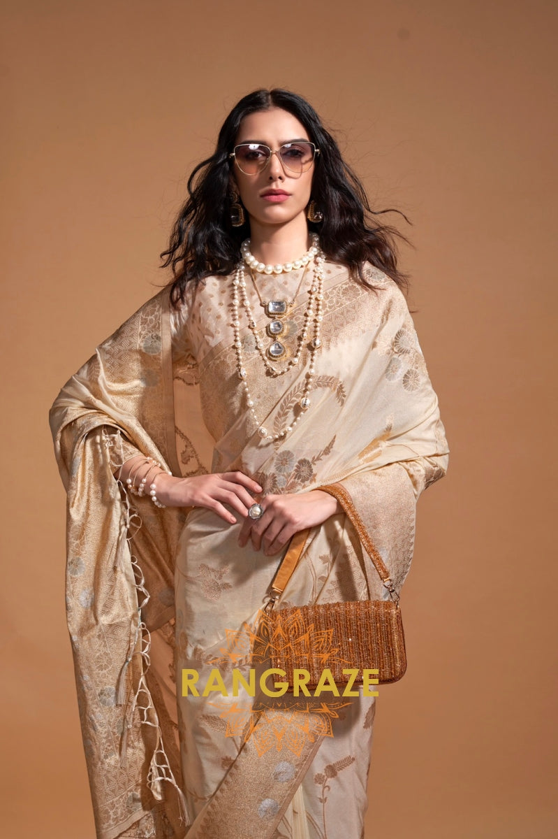 Pearl White Woven Banarasi Goergette Silk Saree