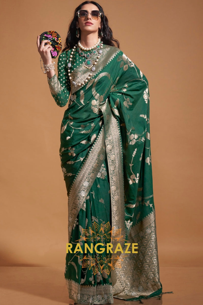 Bottle Green Woven Banarasi Goergette Silk Saree