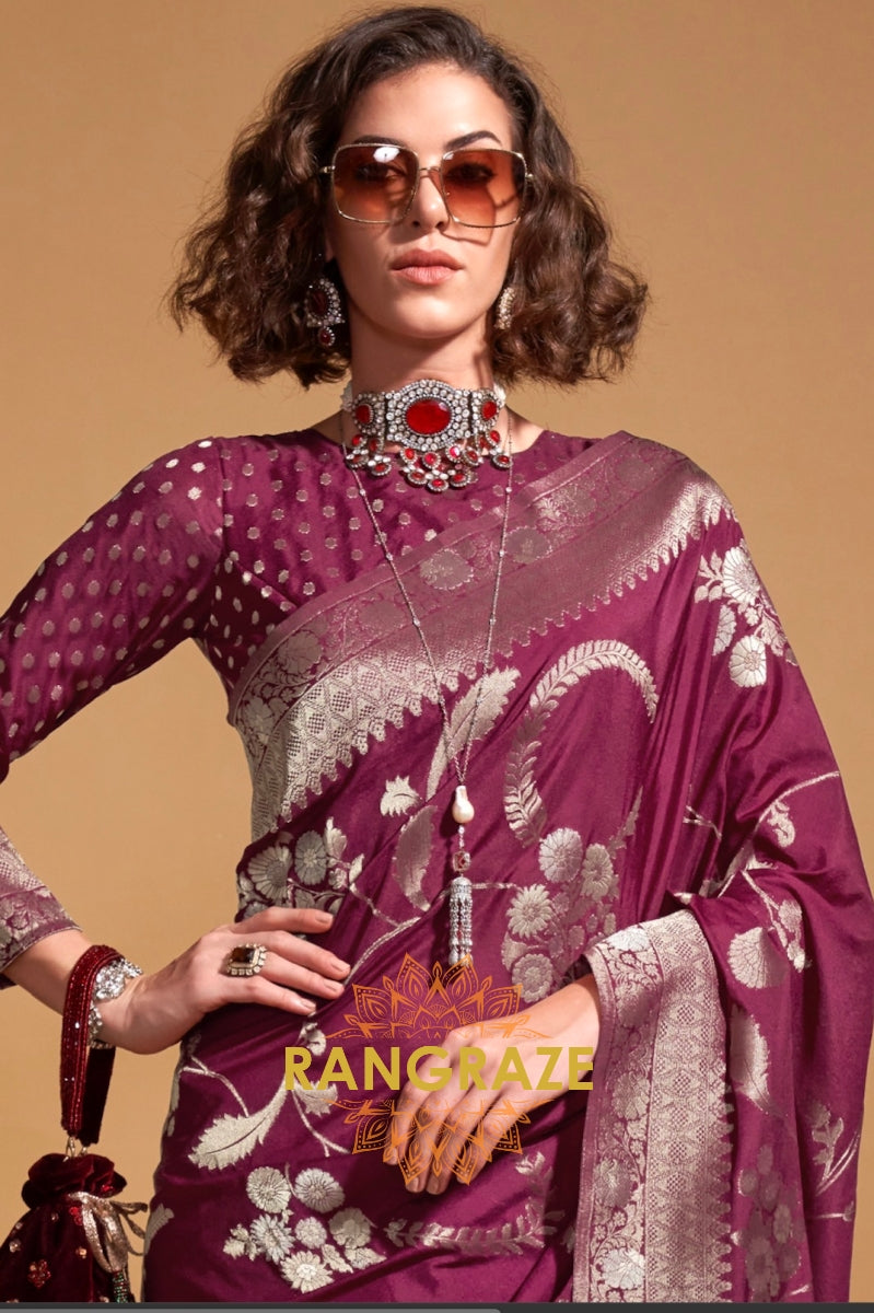 Majistic Maroon Woven Banarasi Goergette Silk Saree