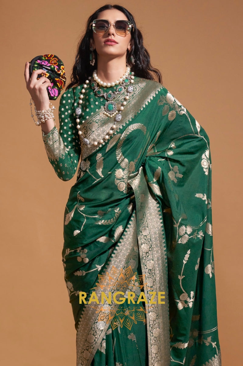 Bottle Green Woven Banarasi Goergette Silk Saree