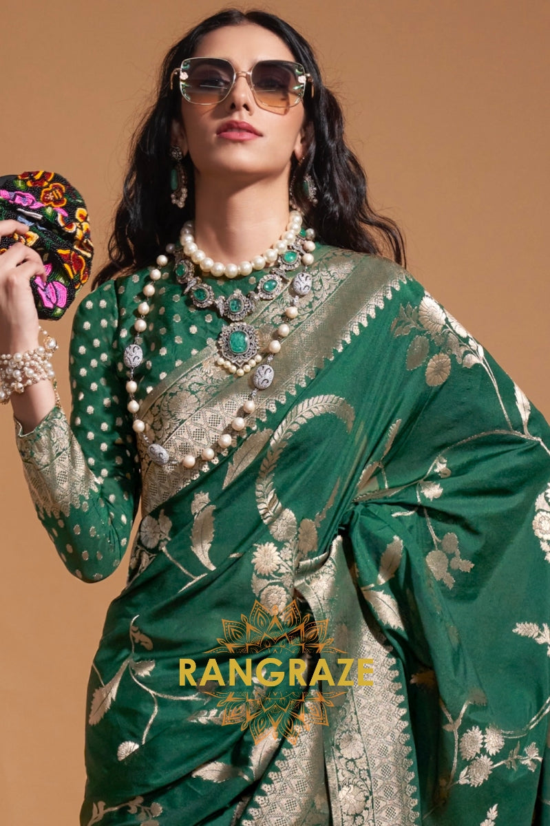 Bottle Green Woven Banarasi Goergette Silk Saree
