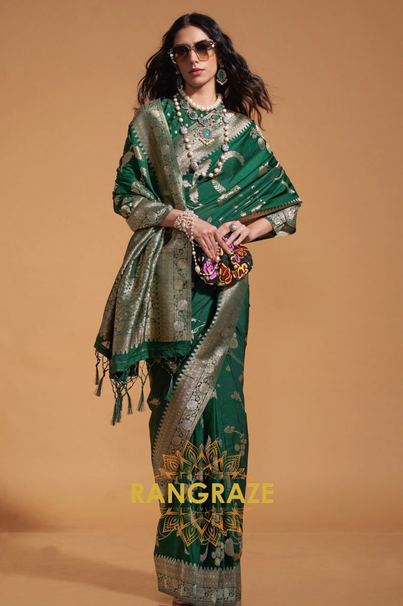Bottle Green Woven Banarasi Goergette Silk Saree