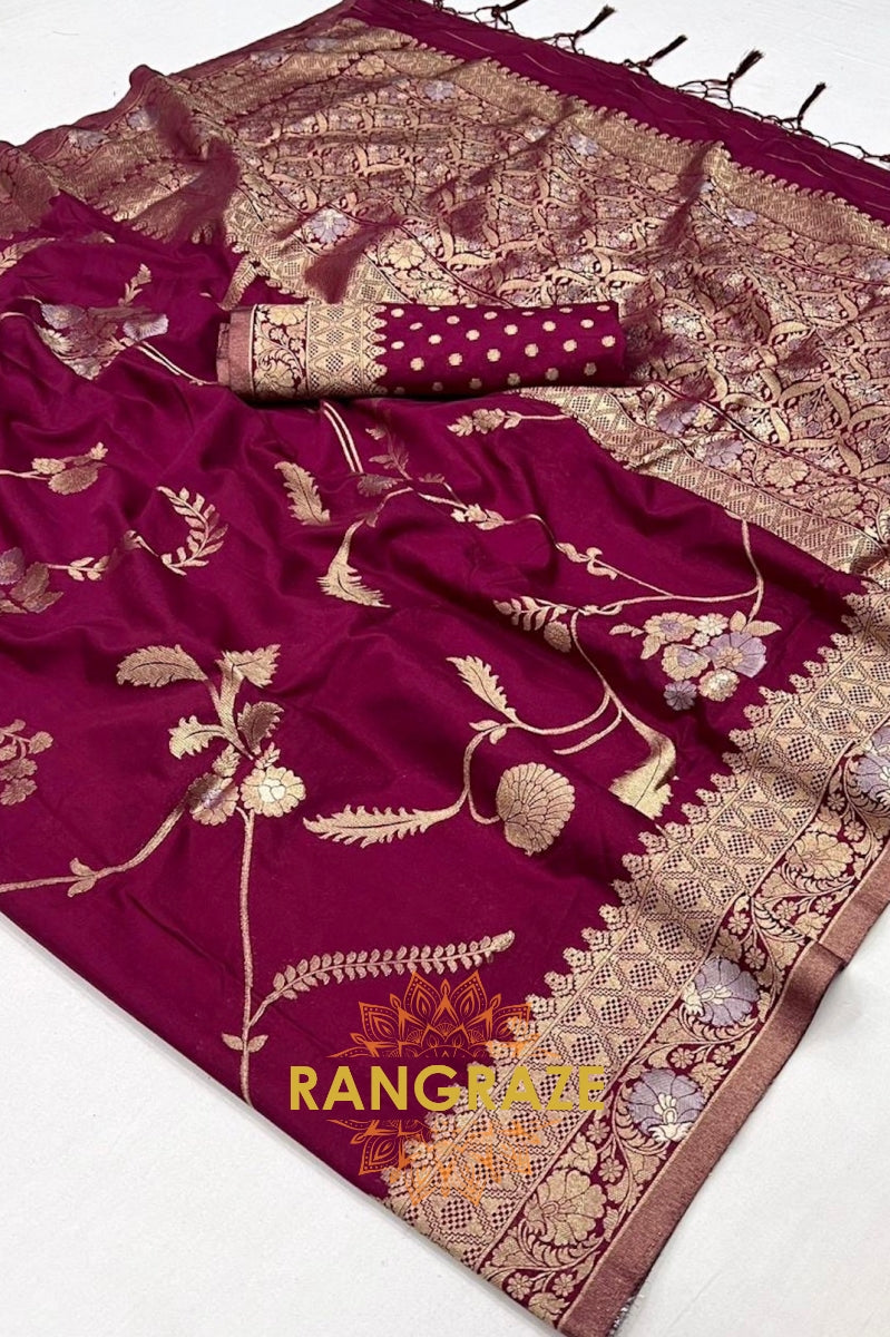 Majistic Maroon Woven Banarasi Goergette Silk Saree