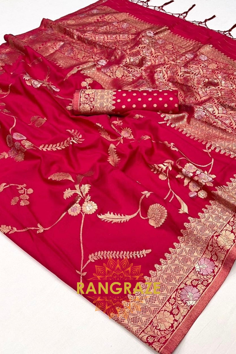 Crimson Red Woven Banarasi Goergette Silk Saree
