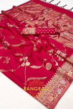 Crimson Red Woven Banarasi Goergette Silk Saree