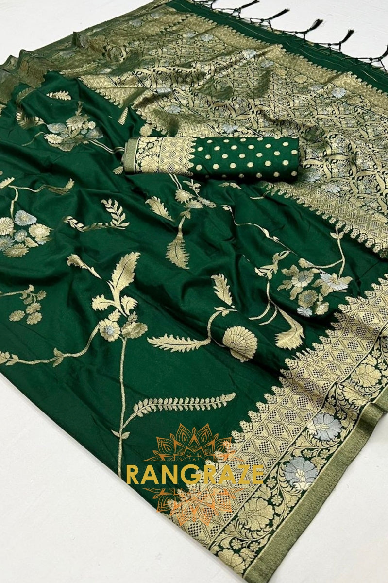 Bottle Green Woven Banarasi Goergette Silk Saree
