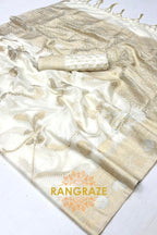 Pearl White Woven Banarasi Goergette Silk Saree