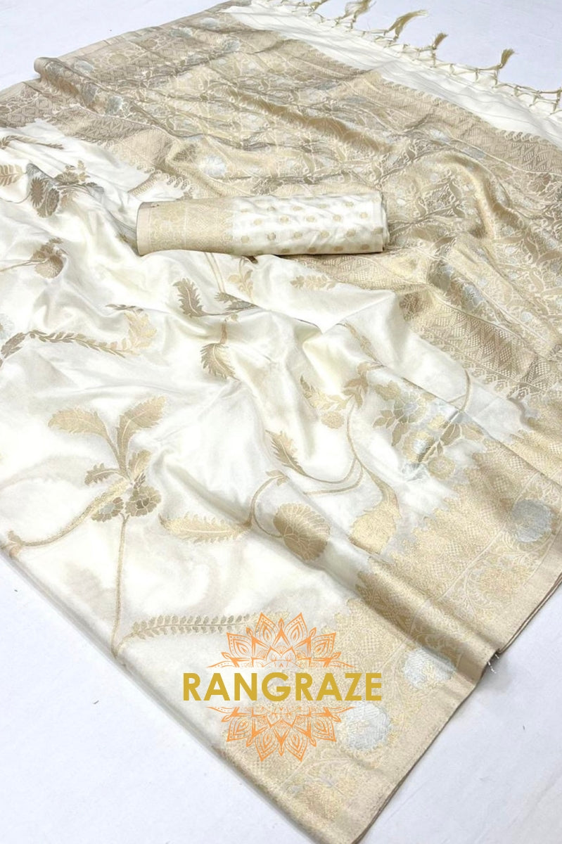 Pearl White Woven Banarasi Goergette Silk Saree