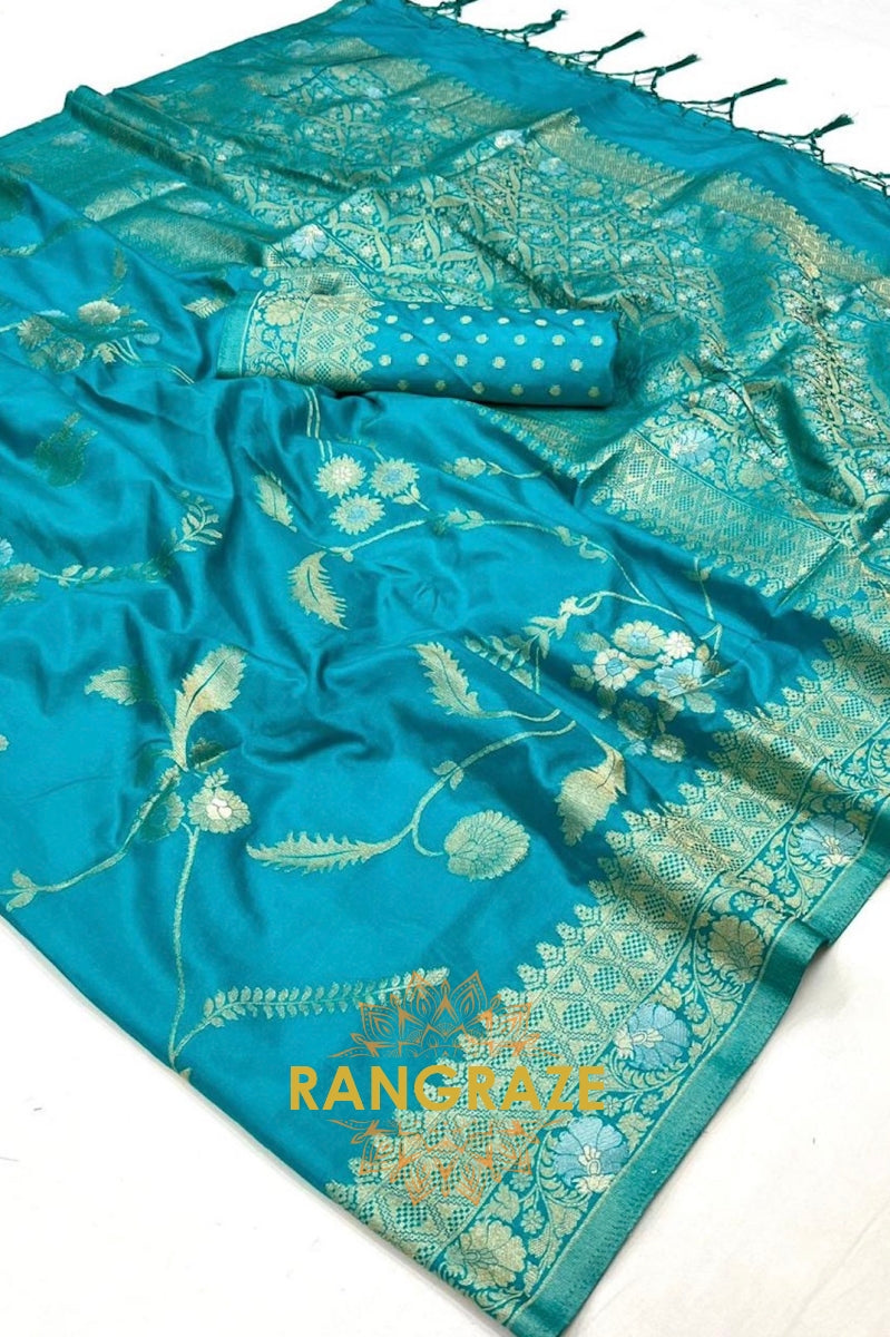 Aqua Blue Woven Banarasi Goergette Silk Saree