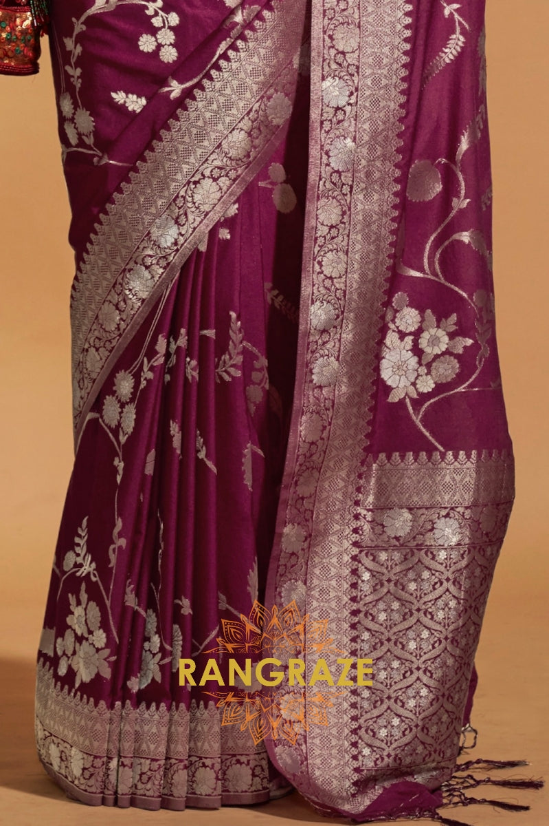 Majistic Maroon Woven Banarasi Goergette Silk Saree