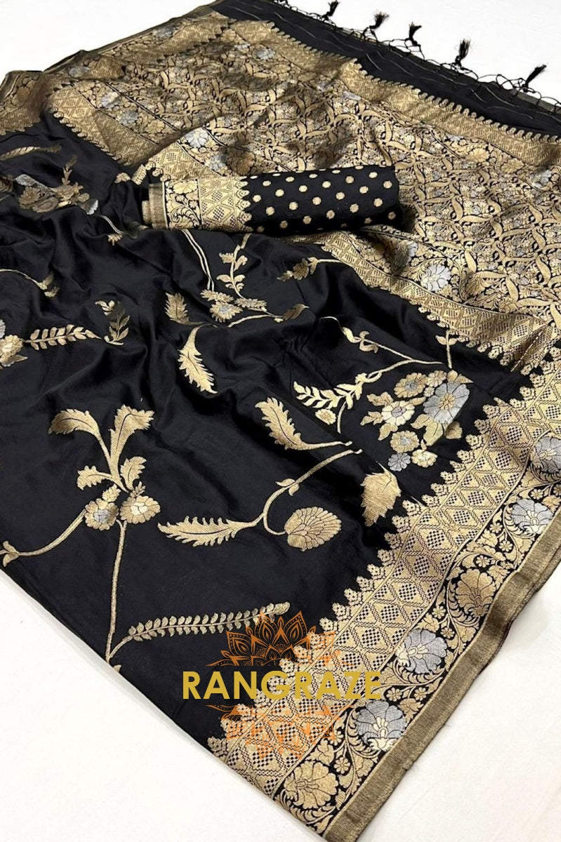 Ebony Black Woven Banarasi Goergette Silk Saree