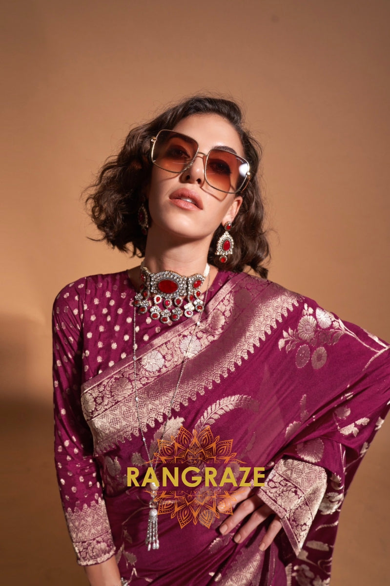 Majistic Maroon Woven Banarasi Goergette Silk Saree
