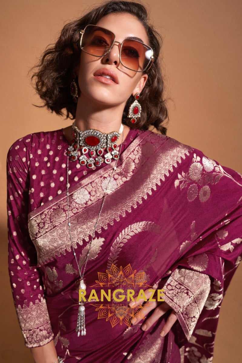 Majistic Maroon Woven Banarasi Goergette Silk Saree